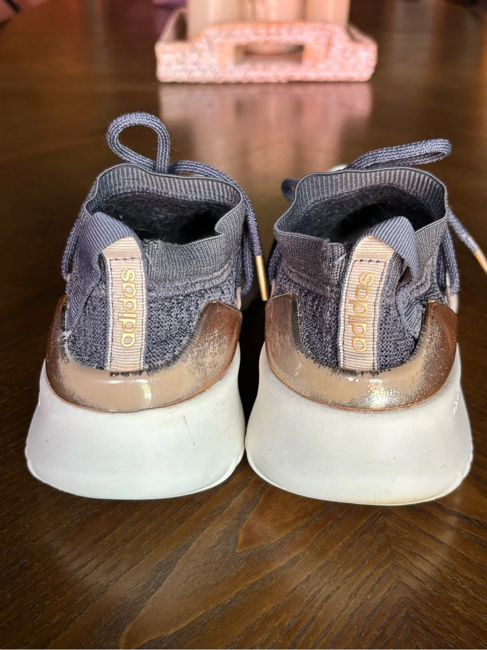 Adidas Women’s Size 7 Gray/Blue Knit Sneakers Rose Gold Cloudfoam Athletic Shoes